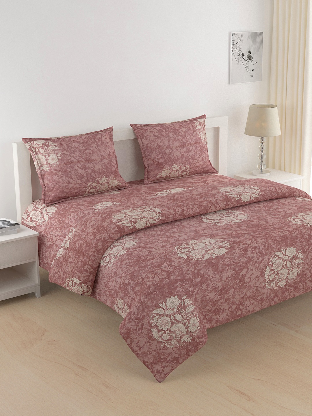 

SWAYAM Brown & Off-White Floral Printed Cotton 144 TC Double King Bedding Set