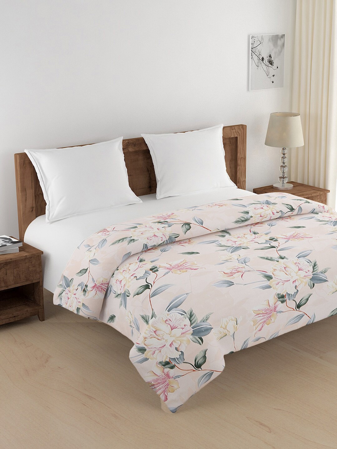

SWAYAM Peach-Coloured & Grey Floral Heavy Winter 350 GSM Double Bed Quilt
