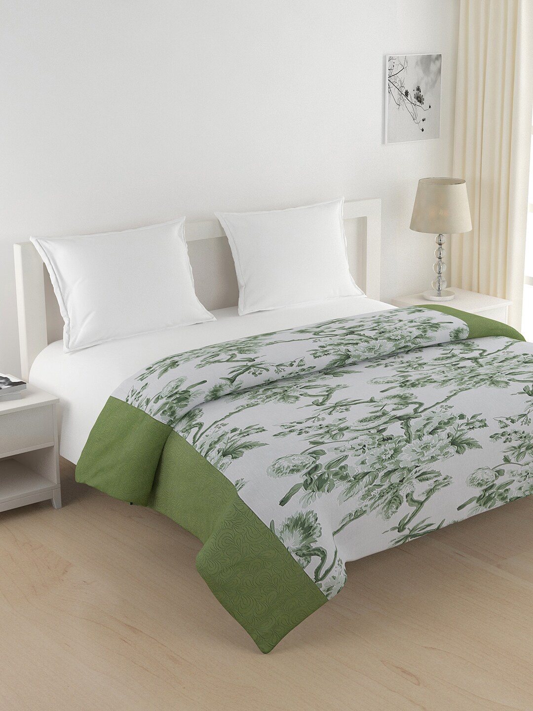 

SWAYAM Green & White Floral Printed Cotton Heavy Winter 350 GSM Double Bed Quilt