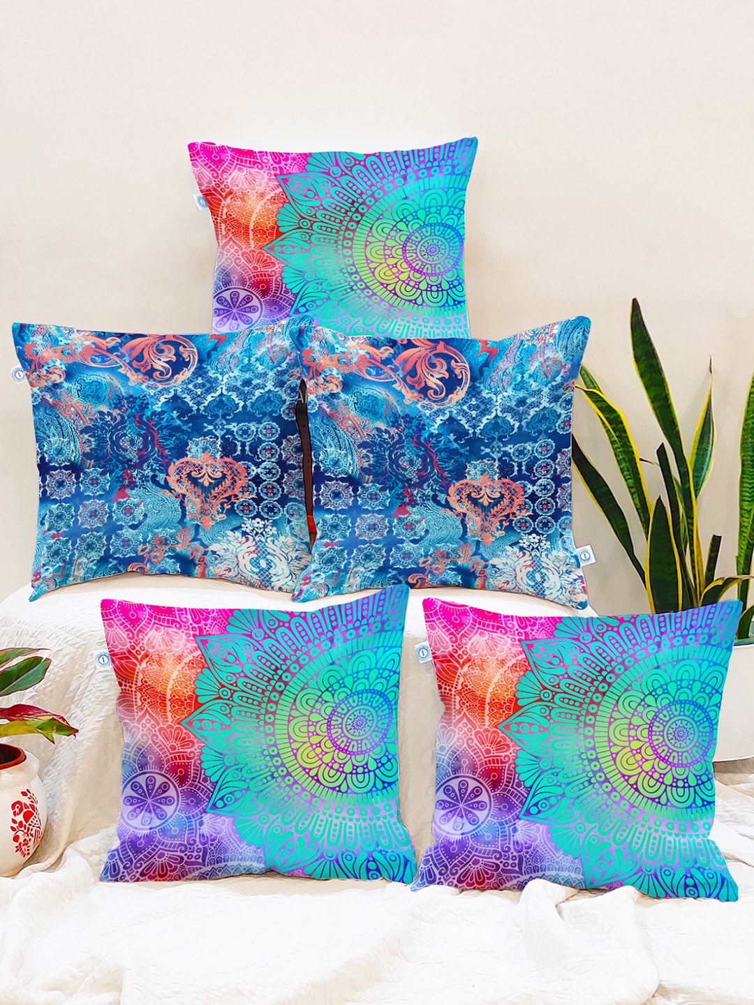 

STITCHNEST Teal & Magenta Set of 5 Abstract Square Cushion Covers