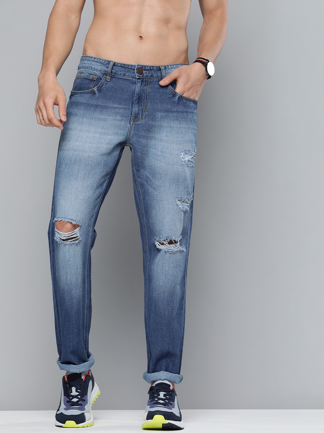 

HERE&NOW Men Blue Slim Fit Mildly Distressed Light Fade Stretchable Jeans