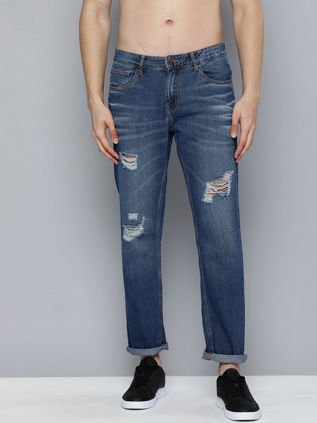 

HERE&NOW Men Blue Slim Fit Low-Rise Highly Distressed Light Fade Jeans