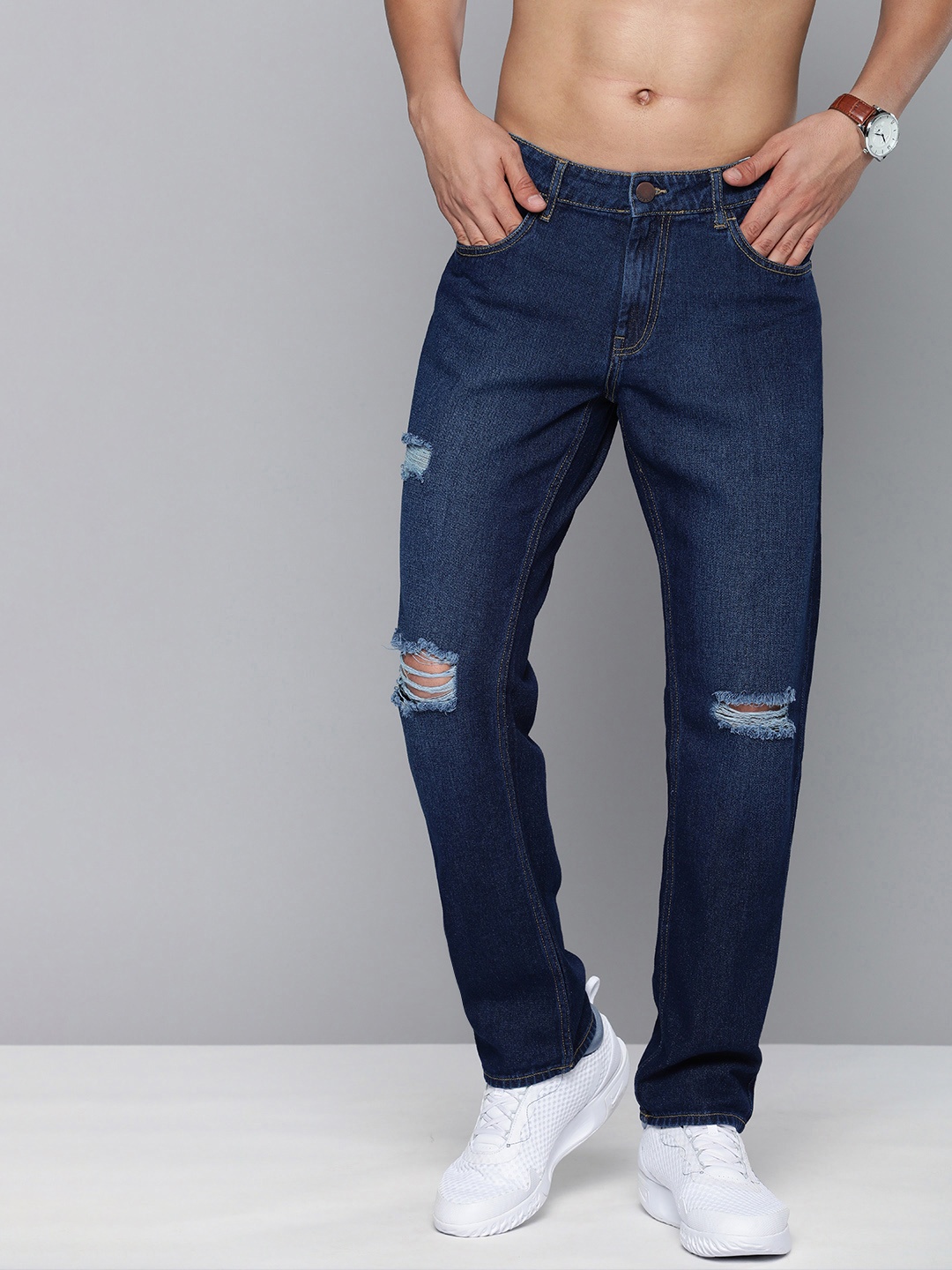 

HERE&NOW Men Blue Slim Fit Mildly Distressed Pure Cotton Light Fade Jeans