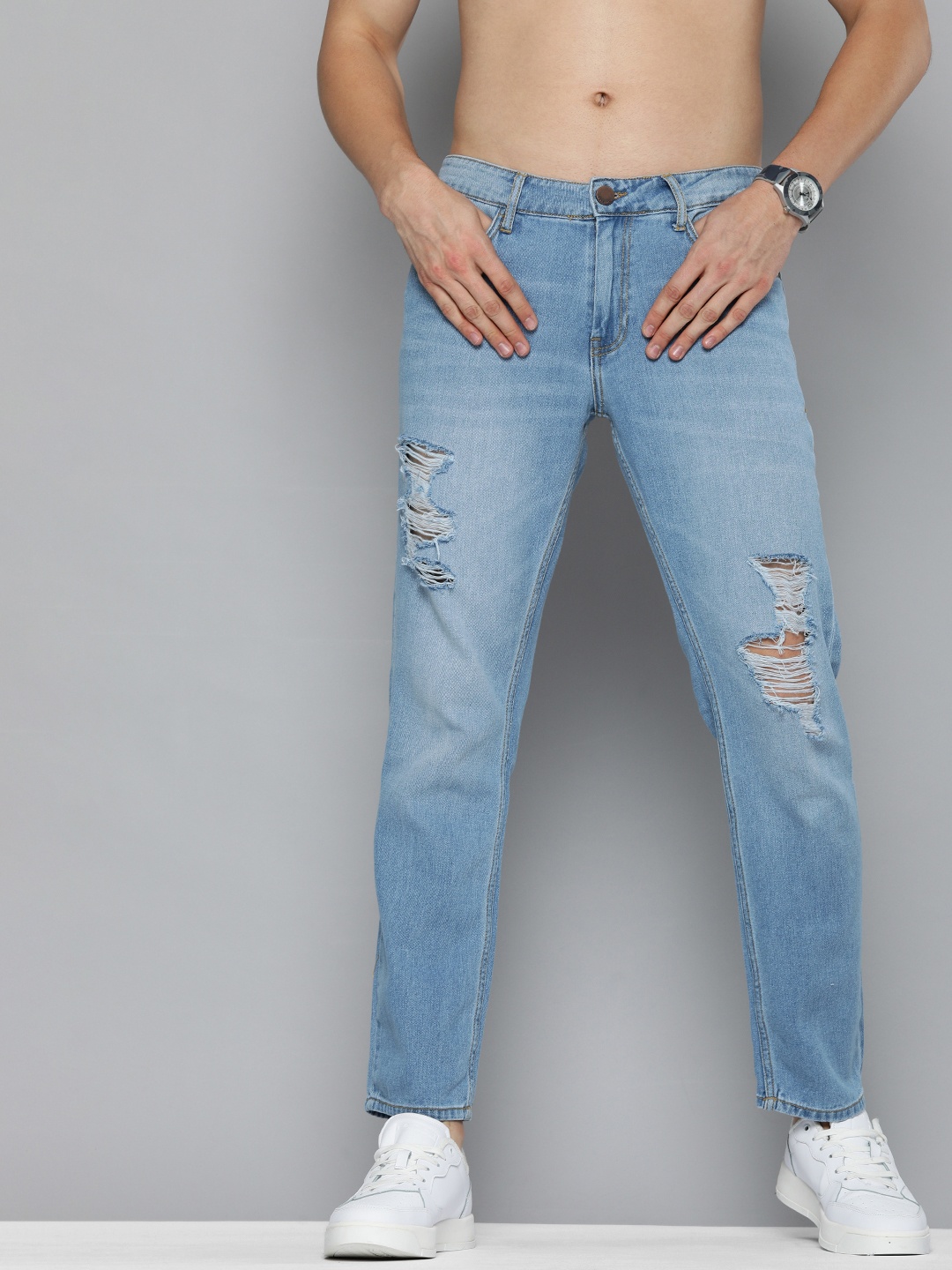 

HERE&NOW Men Blue Slim Fit Highly Distressed Light Fade Pure Cotton Jeans