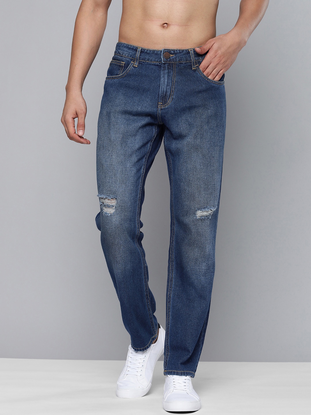 

HERE&NOW Men Blue Slim Fit Low Distress Pure Cotton Light Fade Jeans
