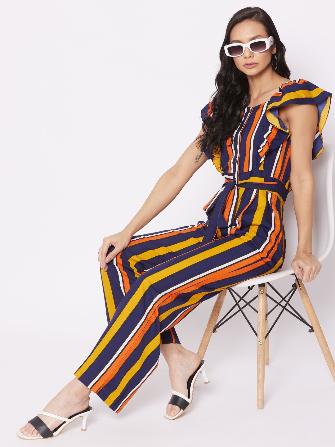 

Uptownie Lite Yellow & Orange Striped Basic Jumpsuit with Ruffles