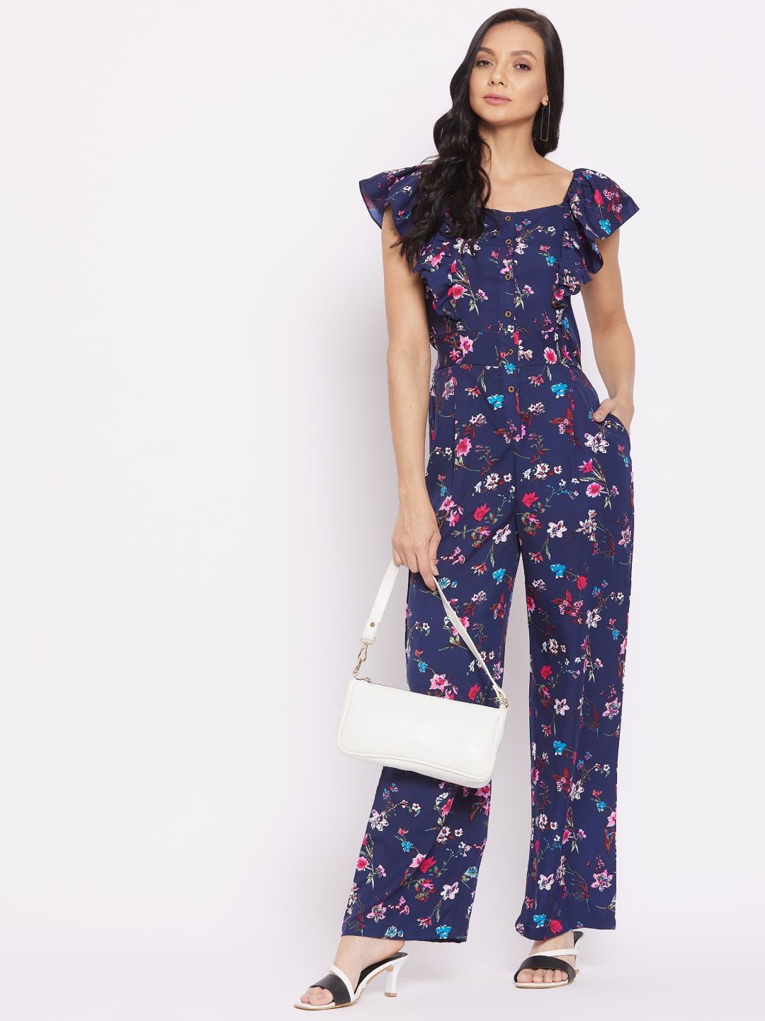 

Uptownie Lite Navy Blue & Pink Printed Basic Jumpsuit with Ruffles
