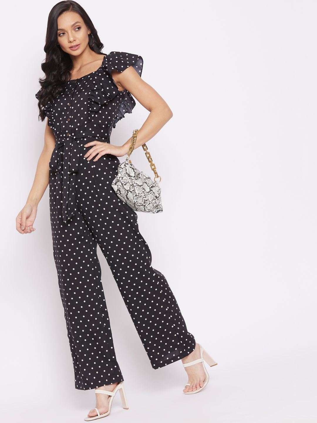

Uptownie Lite Black & White Printed Basic Jumpsuit with Ruffles