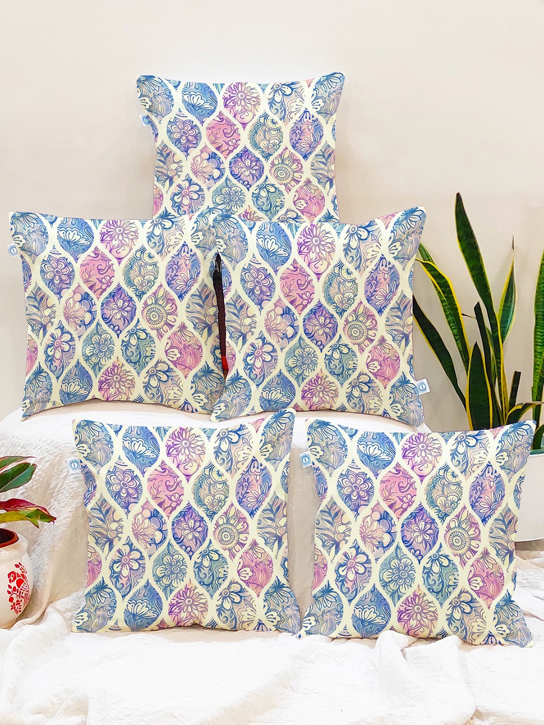 

STITCHNEST Blue & Yellow Set of 5 Floral Square Cushion Covers