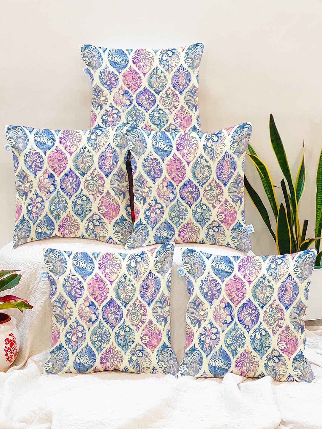 

STITCHNEST Blue & Pink Set of 5 Geometric Square Cushion Covers