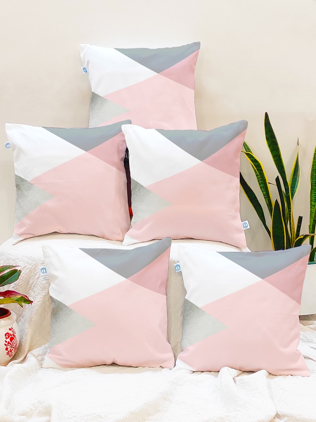 

STITCHNEST Pink & Grey Set of 5 Geometric Square Cushion Covers