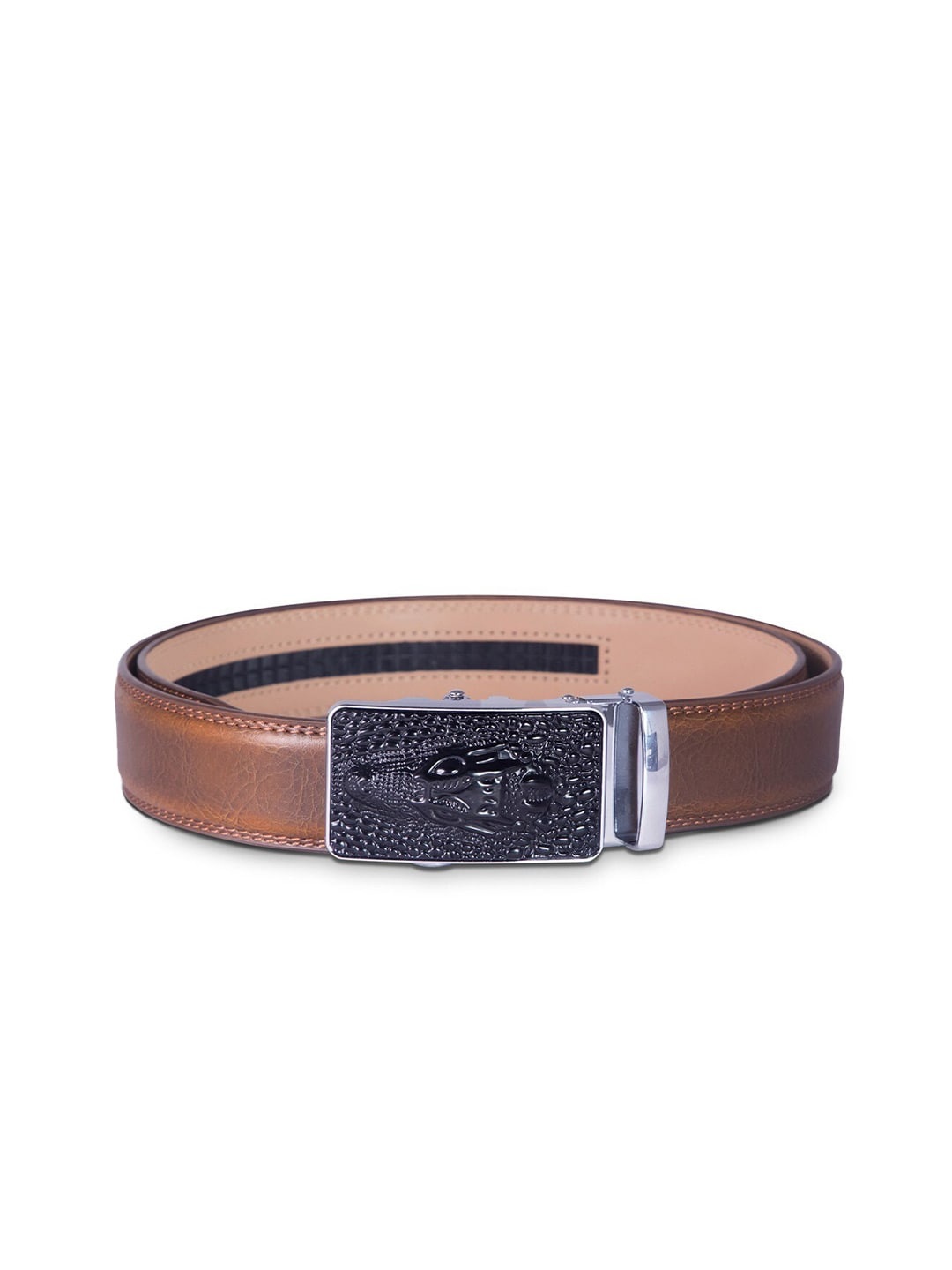 

BANGE Men Yellow Textured Genuine Leather Formal Belt With Crocodile Head Imprint Buckle