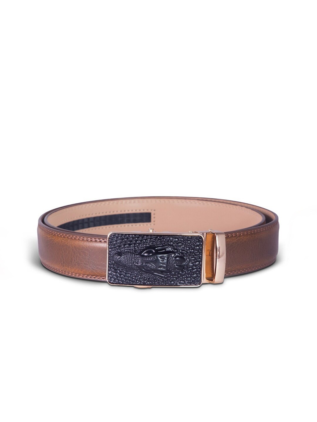 

BANGE Men Brown Textured Genuine Leather Formal Belt With Crocodile Head Imprint Buckle