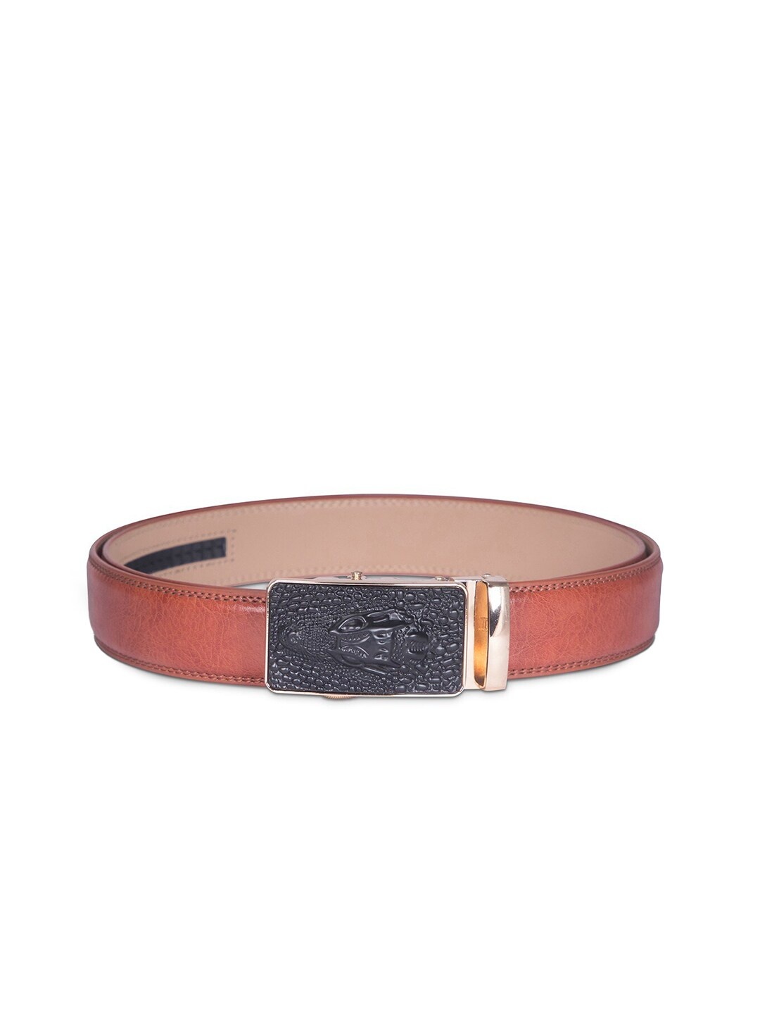 

BANGE Men Brown Textured Genuine Leather Formal Belt With Crocodile Head Imprint Buckle