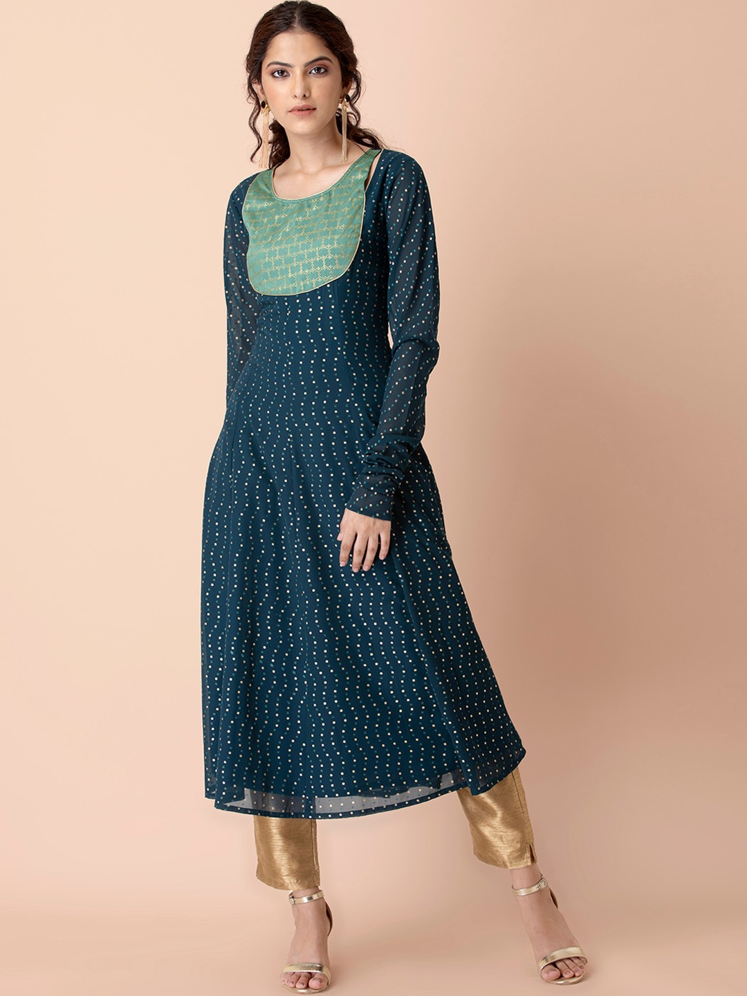 

INDYA Women Green & Blue Printed Georgette Kurta