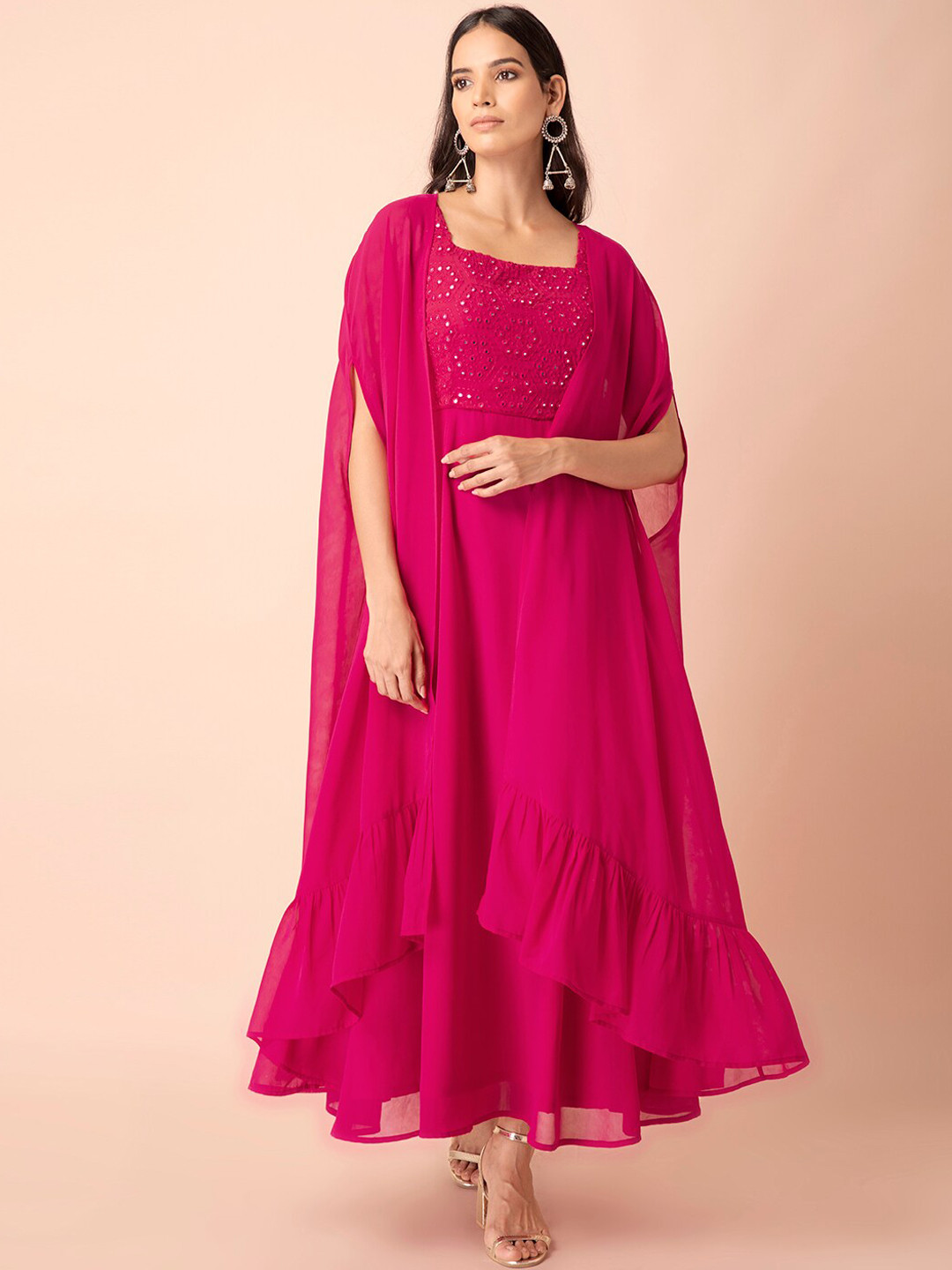 

INDYA Women Pink Embroidered Mirror Work Georgette Kurta With Attached Cape