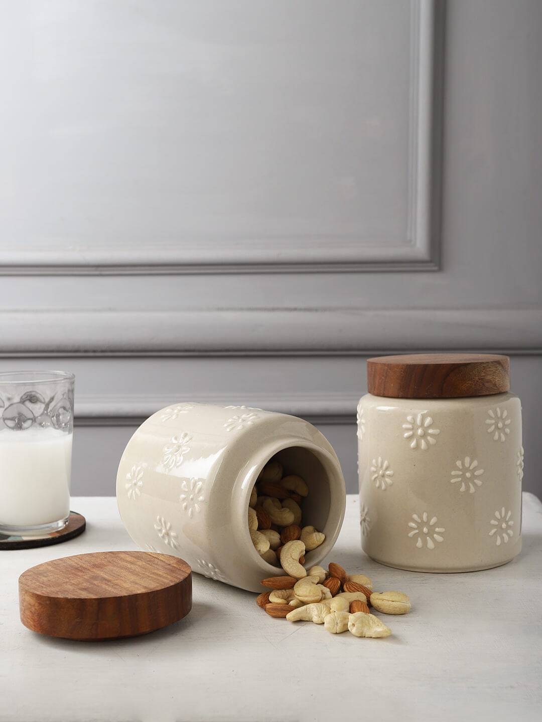 

MIAH Decor Set Of 2 Ceramic Food Storage Jar, Cream