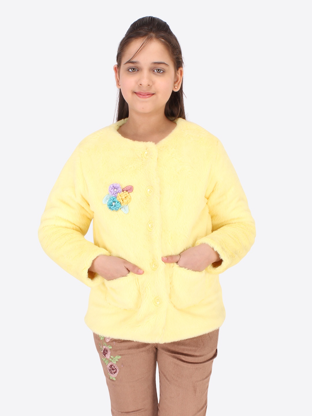 

CUTECUMBER Girls Yellow Open Faux Fur Front Jacket with Embroidered