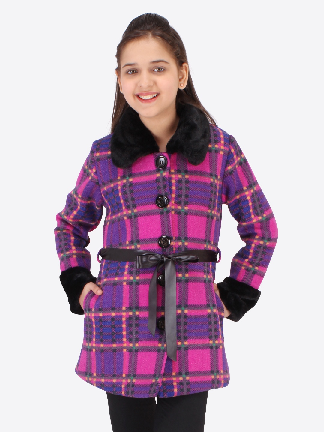 

CUTECUMBER Girls Fuchsia Checked Longline Tailored Jacket With Belt
