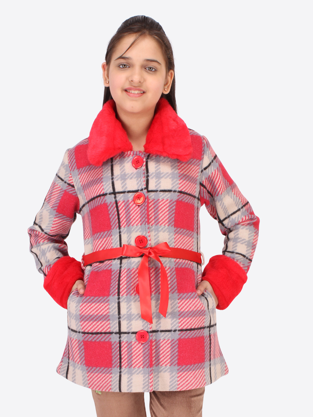 

CUTECUMBER Girls Red & Grey Checked Longline Tailored Jacket