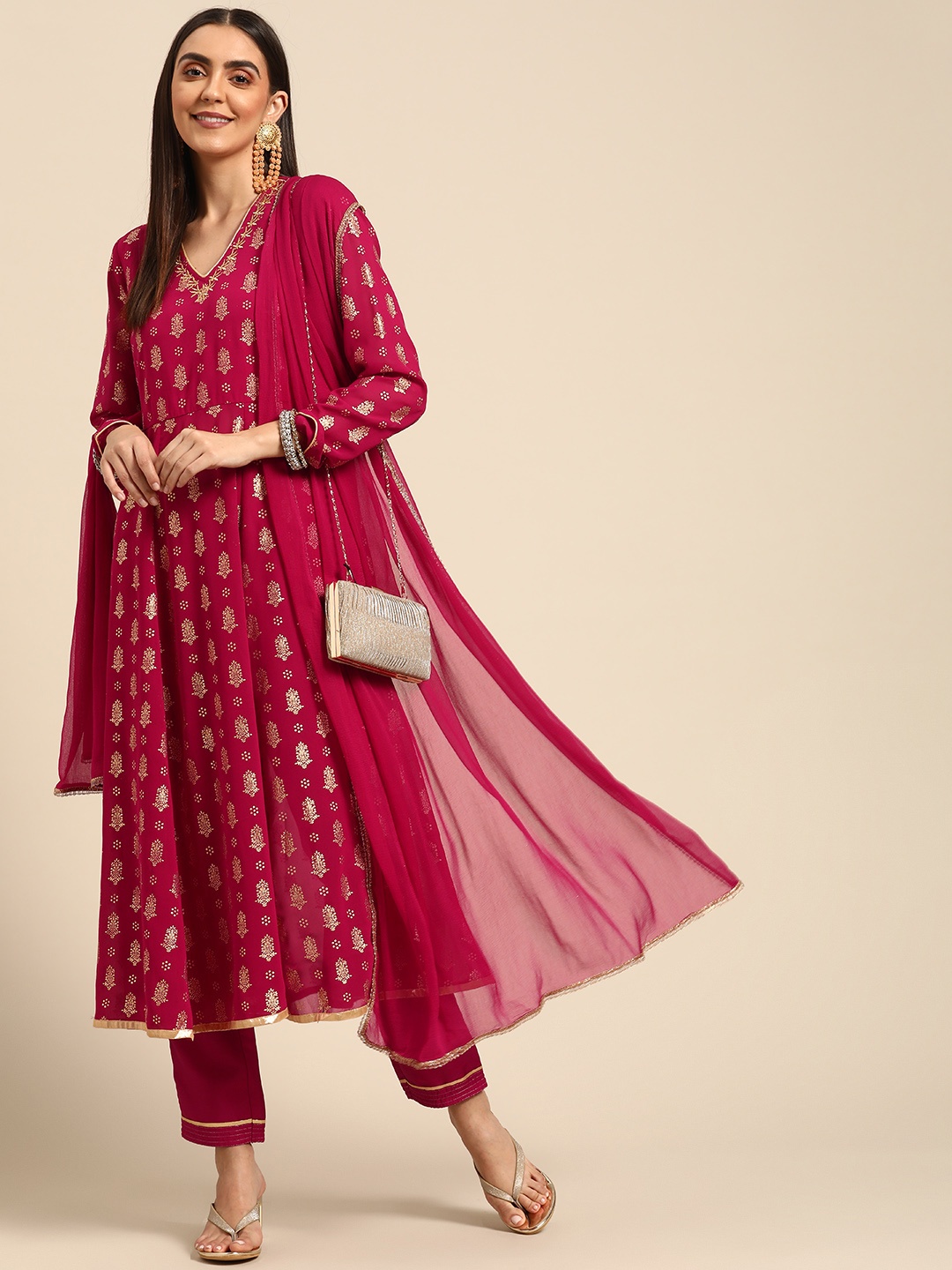 

all about you Women Maroon Ethnic Motifs Printed Thread Work Kurta with Trousers & Dupatta