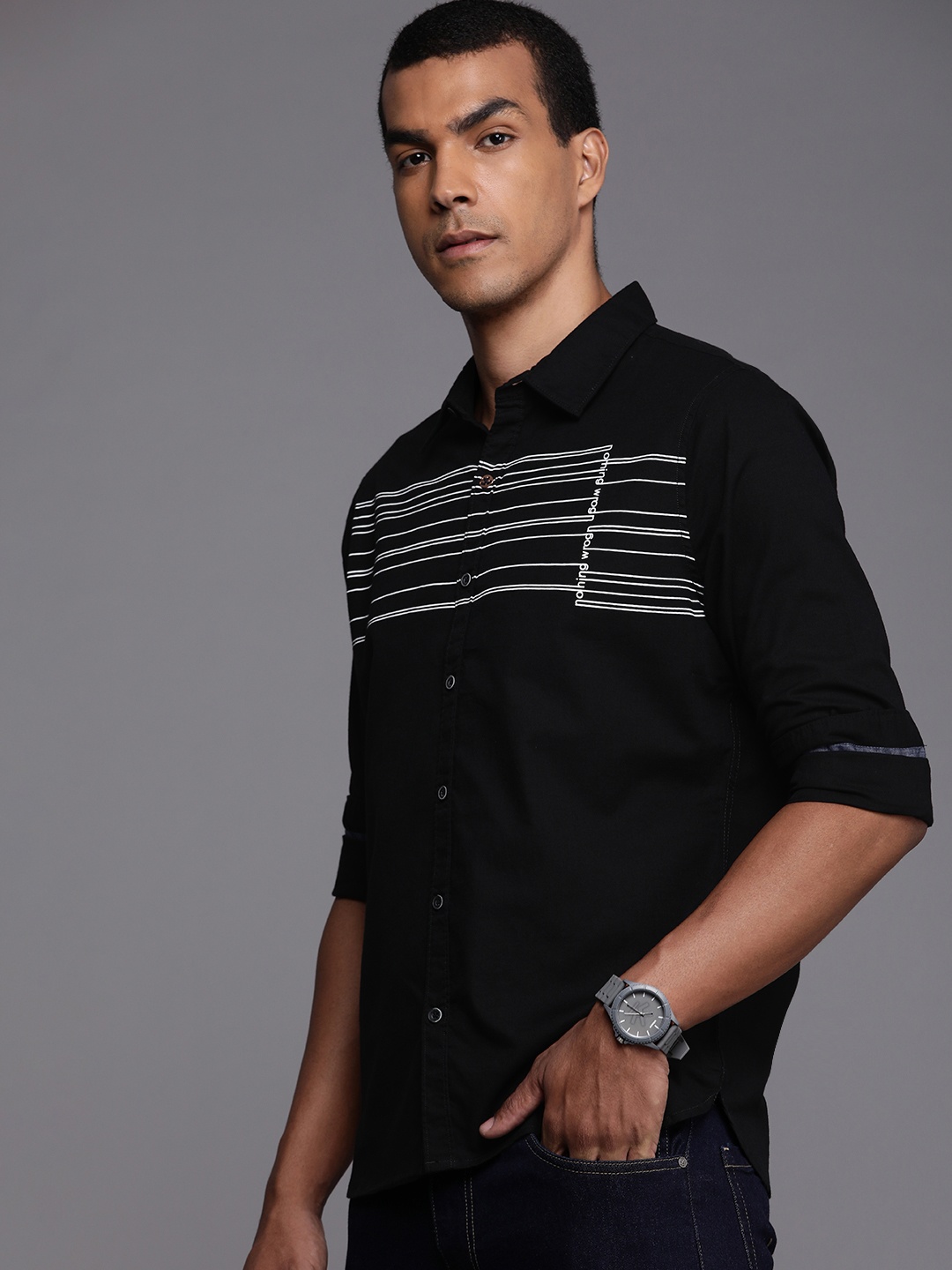

WROGN Men Black Slim Fit Horizontal Stripes Printed Pure Cotton Casual Shirt
