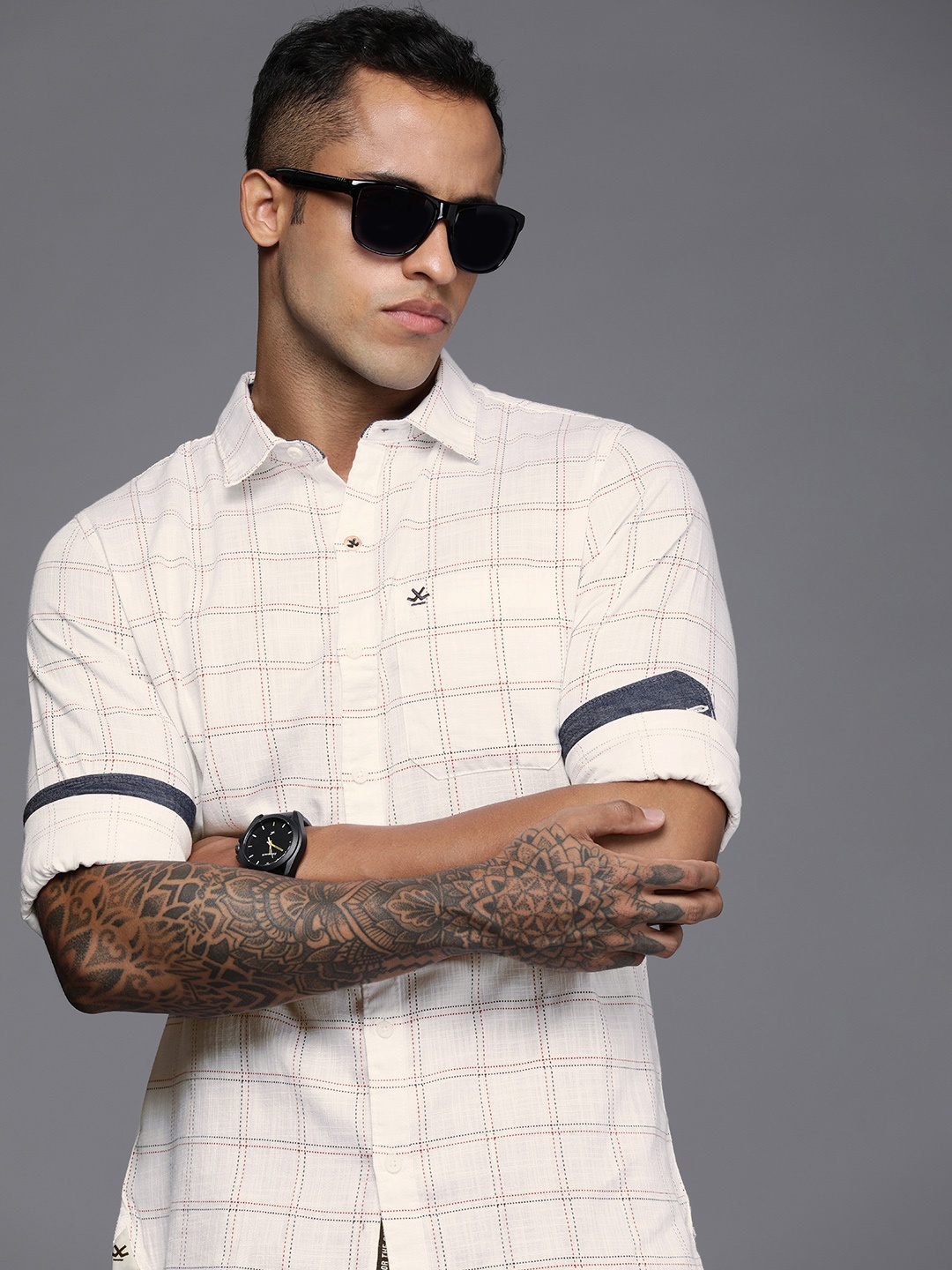 

WROGN Men White Slim Fit Checked Casual Shirt
