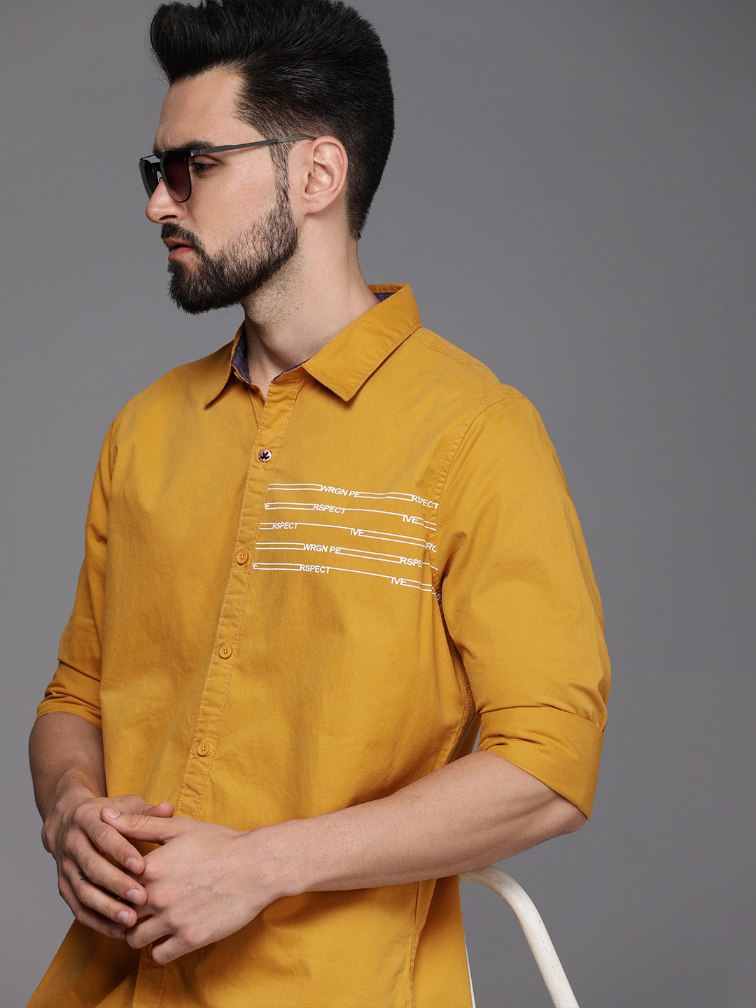 

WROGN Men Mustard Yellow Slim Fit Printed Casual Shirt