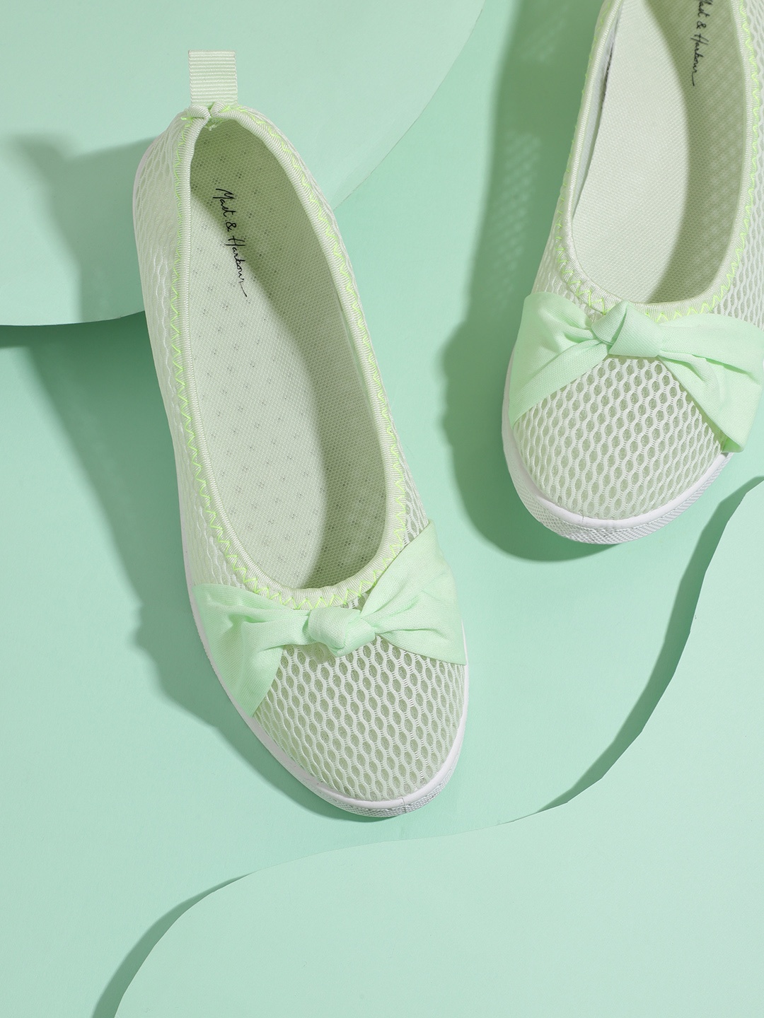 

Mast & Harbour Women Green Woven Design Ballerinas with Bow Detail