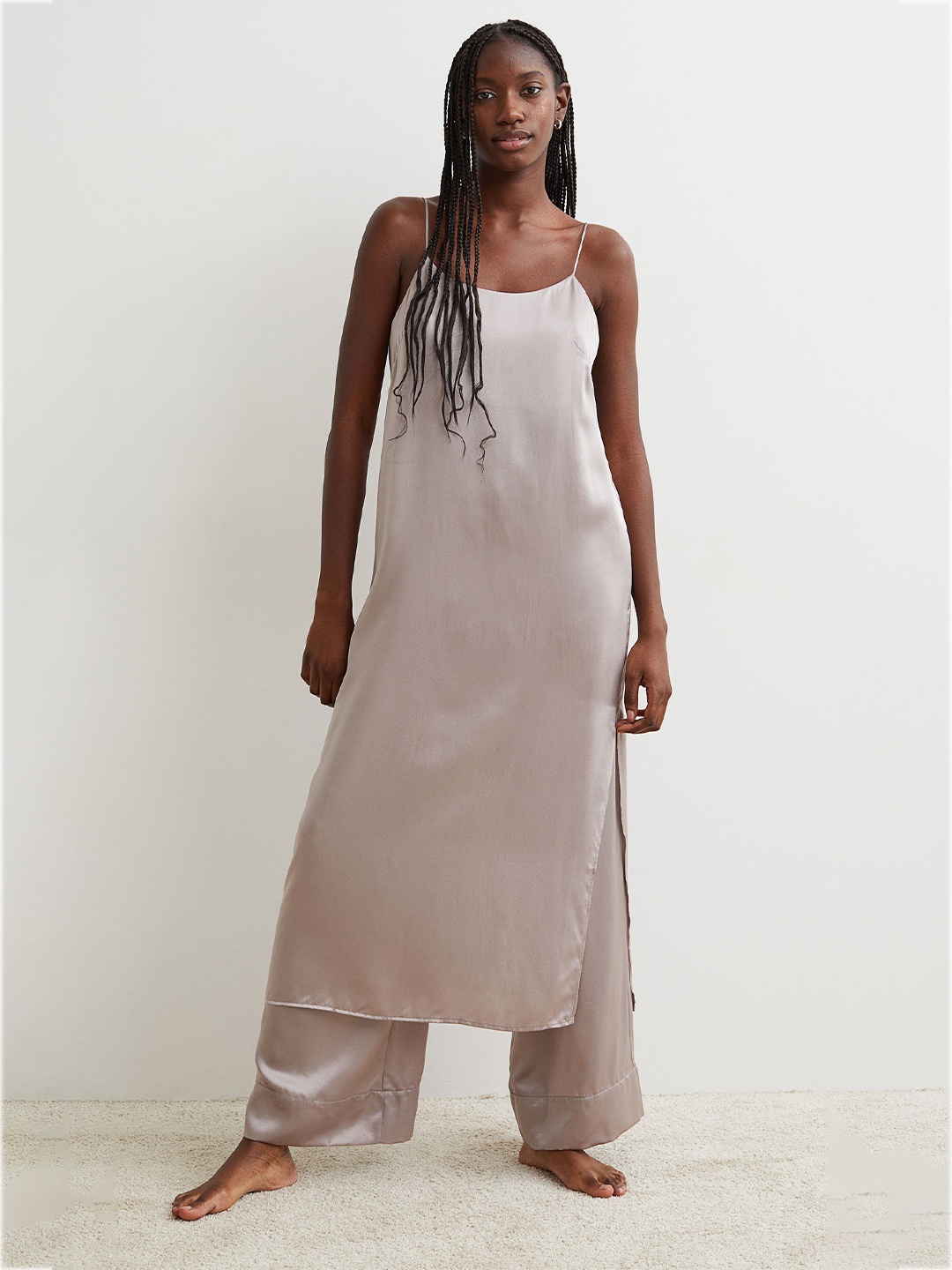 

H&M Women Grey Solid Silk Nightslip