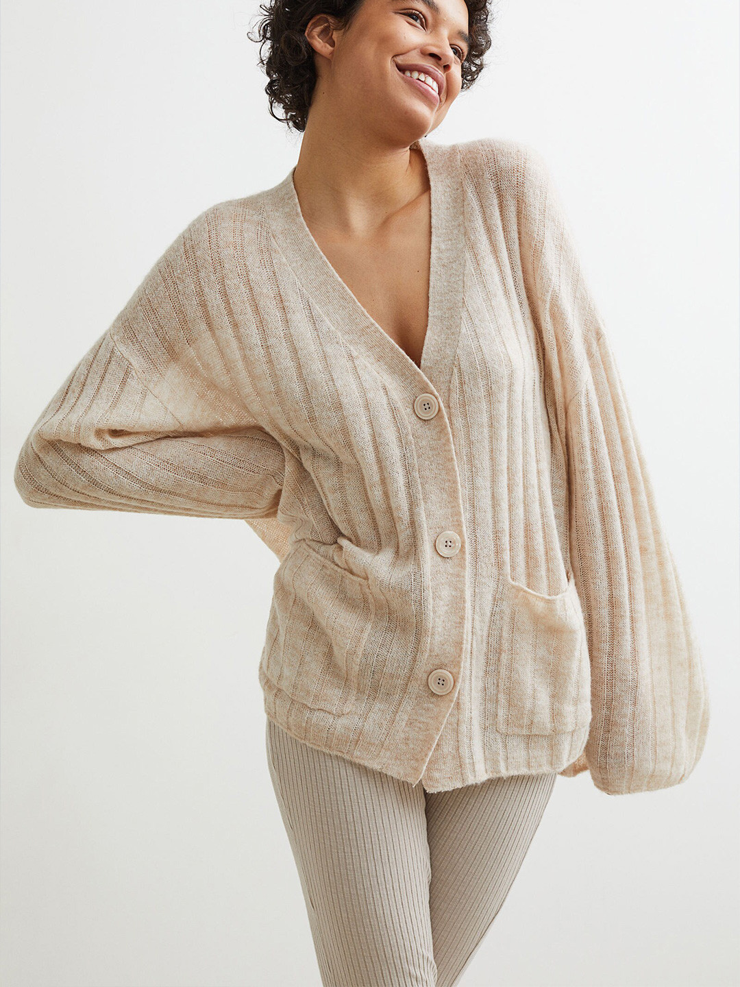 

H&M Women Beige Rib-Knit Wool-Blend Cardigan