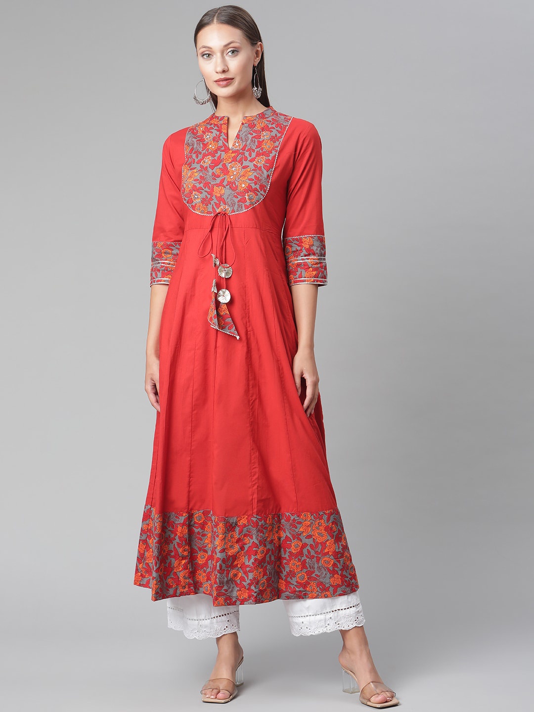 

Divena Women Red Floral Yoke Design Keyhole Neck Gotta Patti Anarkali Kurta