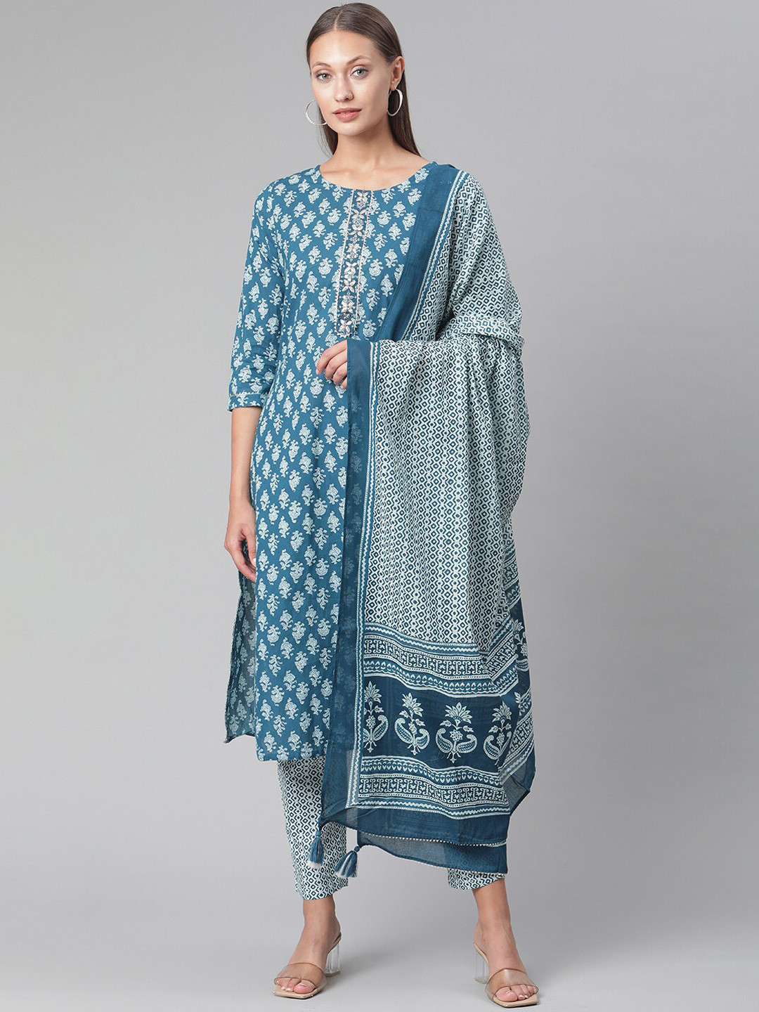

Divena Women Blue Ethnic Motifs Yoke Design Gotta Patti Pure Cotton Kurta with Salwar & With Dupatta