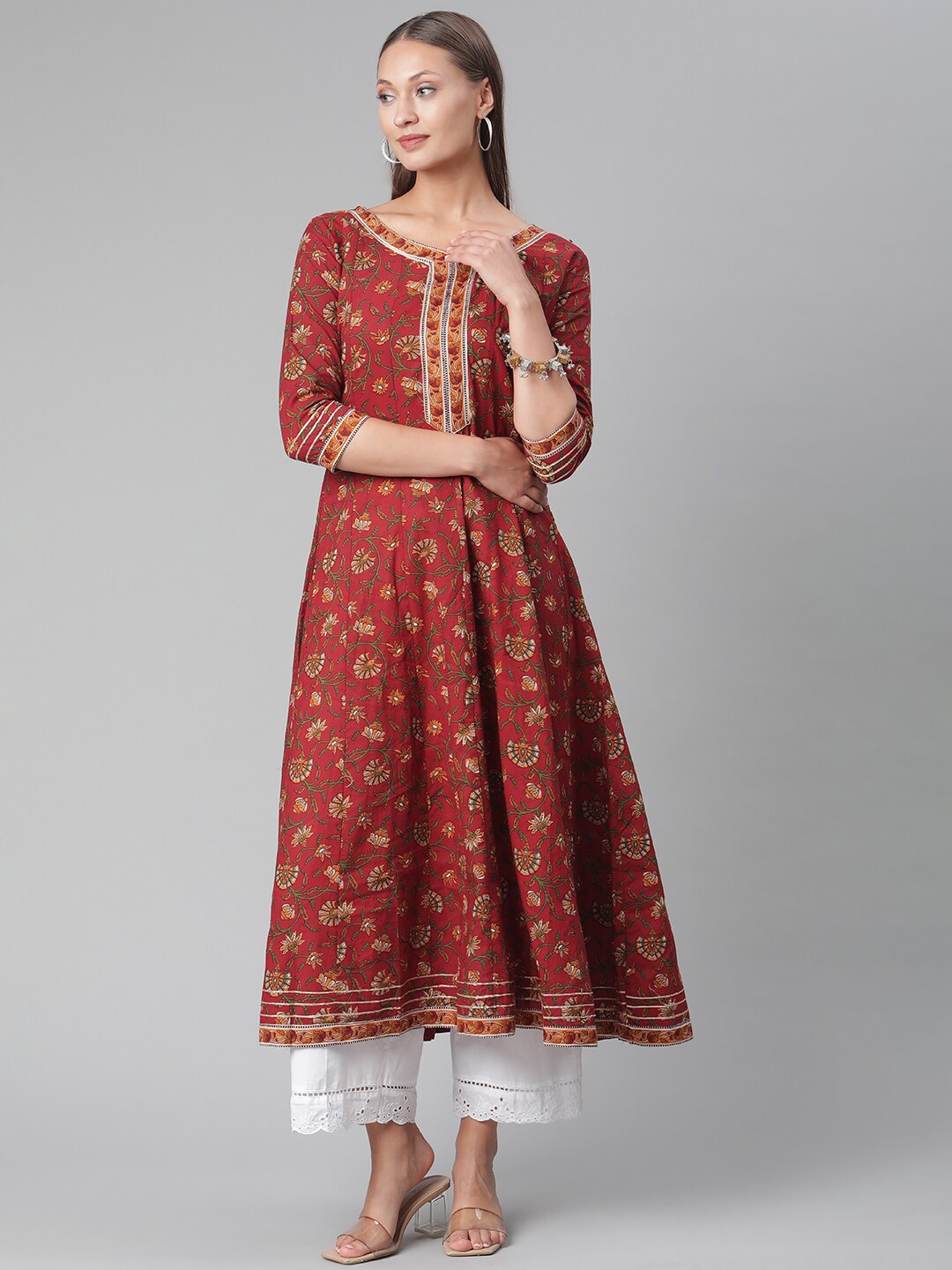 

Divena Maroon Cotton Ethnic Print Thread Work Anarkali Kurta