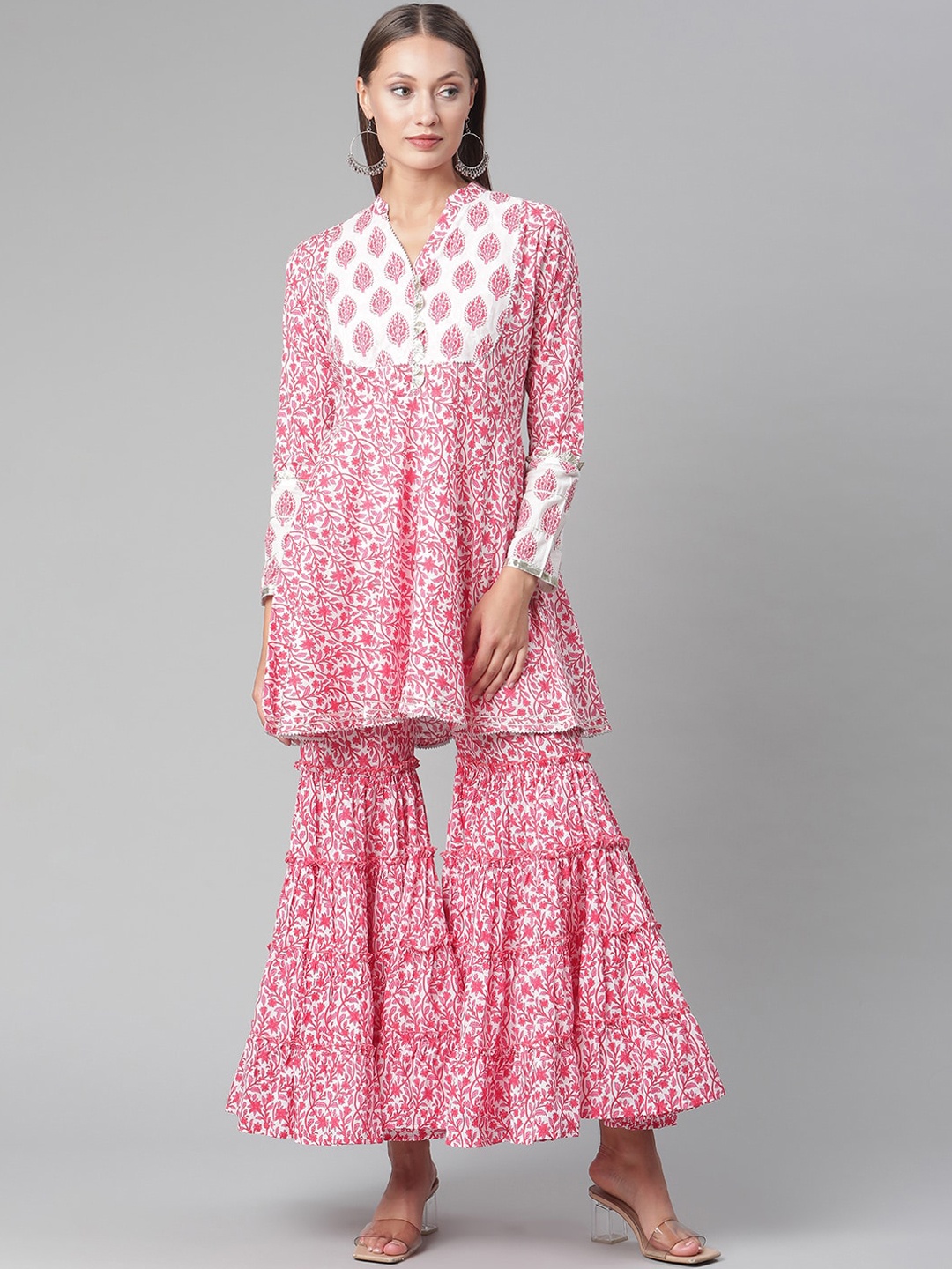 

Divena Women White Ethnic Motifs Printed Gotta Patti Pure Cotton Kurti with Sharara