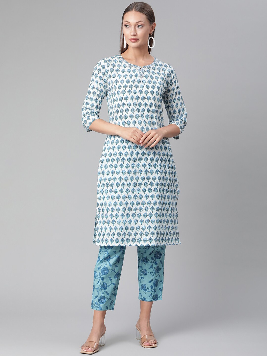 

Divena Women White & Blue Ethnic Motifs Printed Pure Cotton Kurta With Trousers