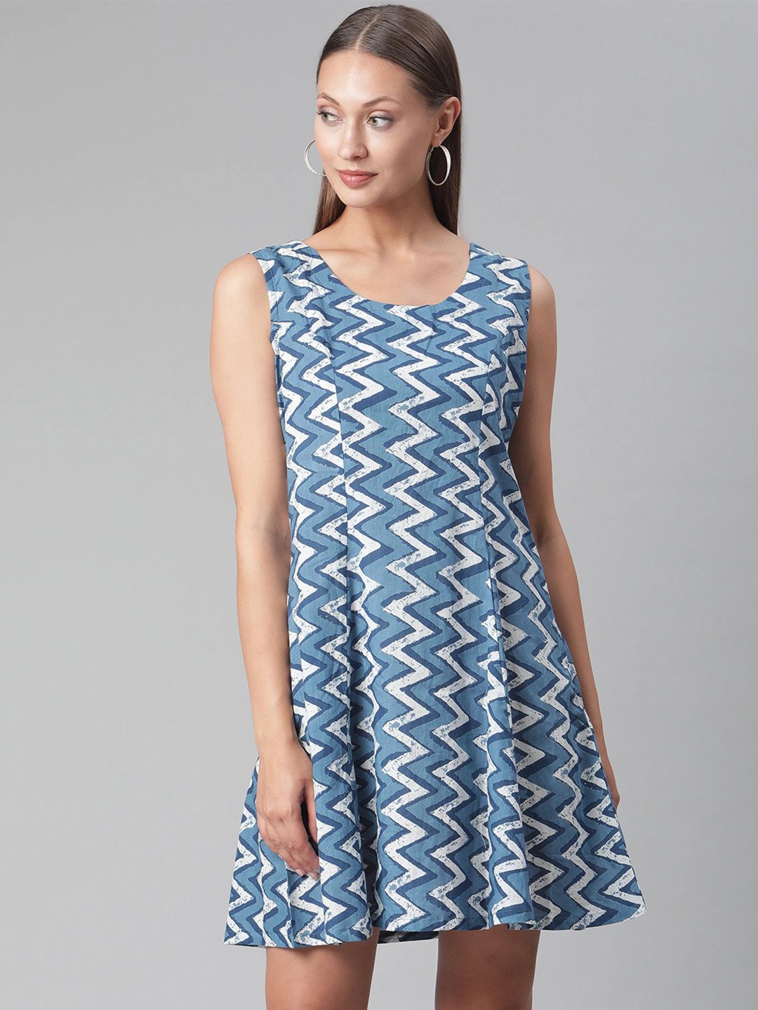 

Divena Blue & White Chevron Printed Cotton A-Line Dress
