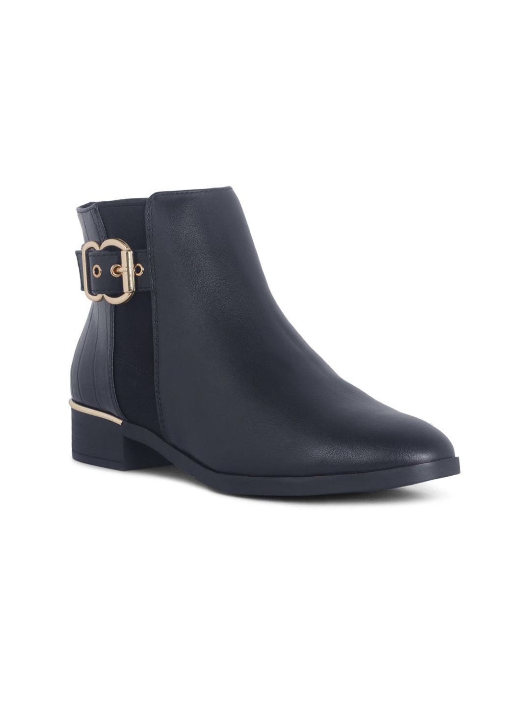 

London Rag Women Black Solid Casual Mid-Top Block Heeled Boots with Buckles, Navy blue