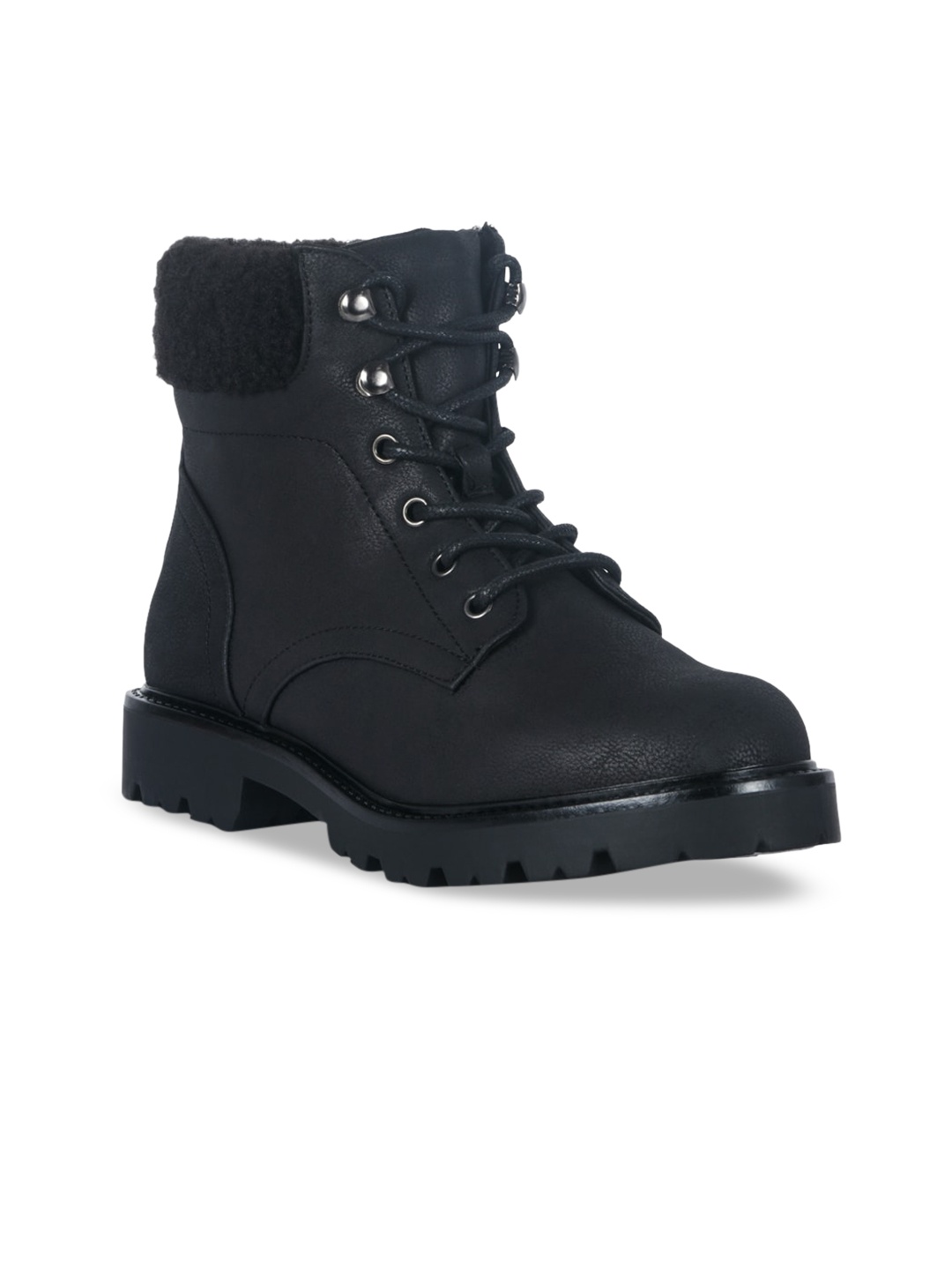 

London Rag Women Black Solid Casual Mid-Top Block Heeled Biker Boots with Fur Collar
