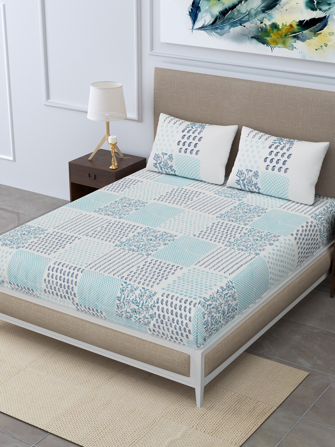 

LINENWALAS Happy Sleeping Blue Printed 300 TC King Bedsheet with 2 Pillow Covers