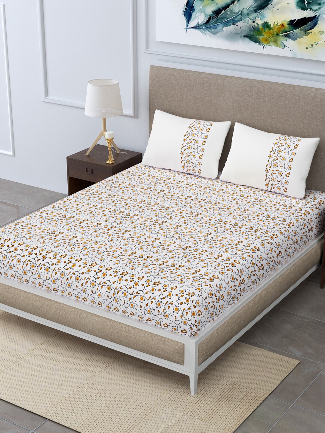 

LINENWALAS Happy Sleeping Mustard Floral 300 TC Queen Bedsheet with 2 Pillow Covers