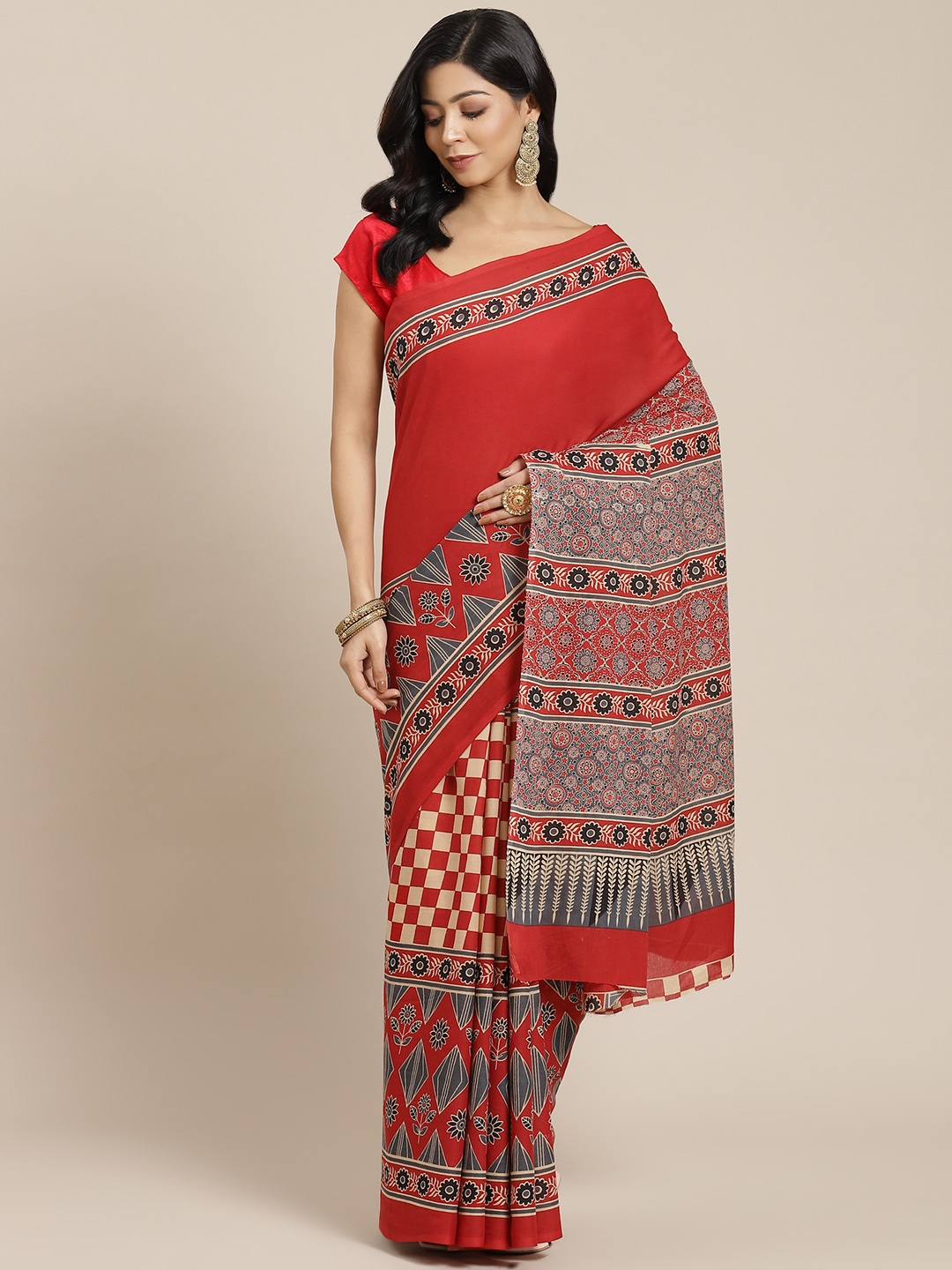 

Yufta Red & Blue Ethnic Motifs Pure Cotton Block Print Saree