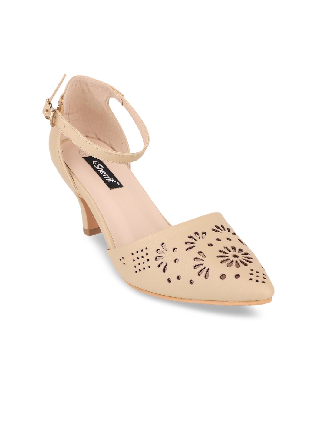 

Sherrif Shoes Beige Party Block Pumps with Laser Cuts