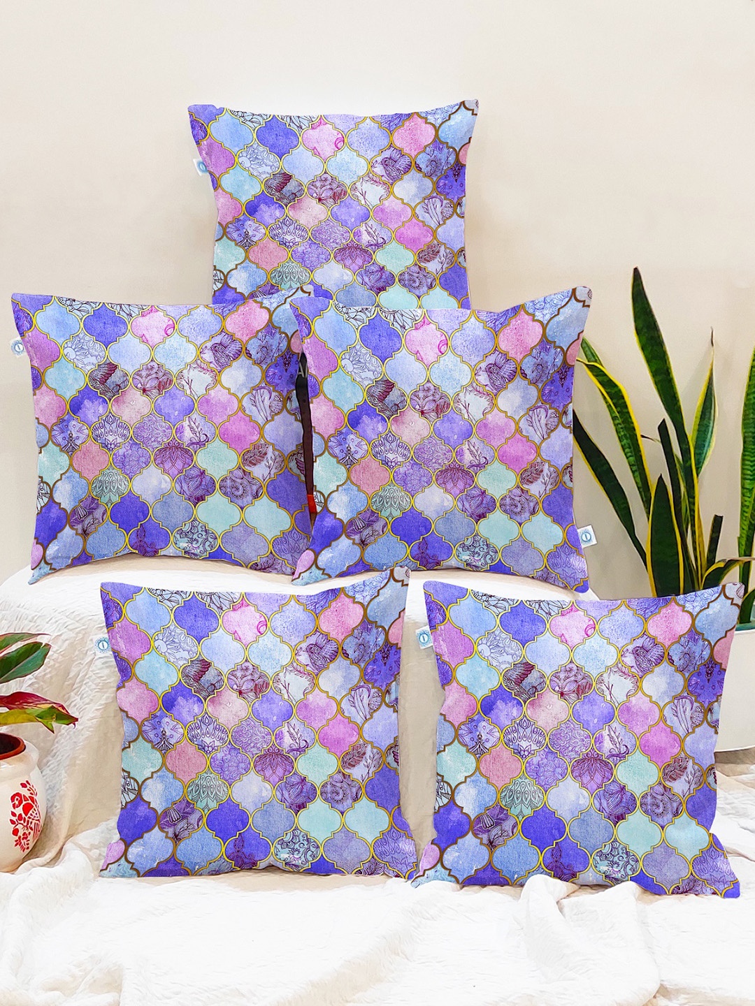 

STITCHNEST Blue Set of 5 Geometric Square Cushion Covers