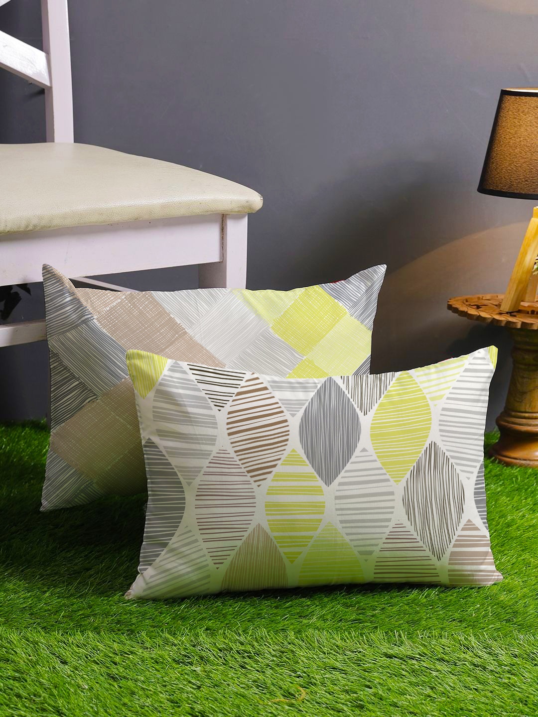 

STITCHNEST Yellow & Grey Set of 2 Geometric Rectangle Cushion Covers