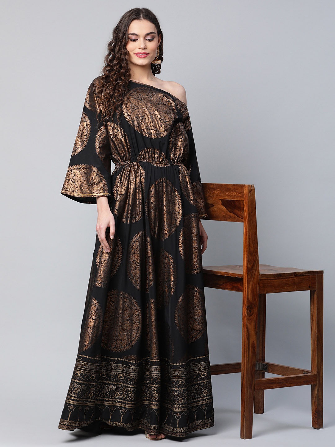 

Ahalyaa Women Black & Gold-Toned Paisley Printed Bell Sleeves Ethnic Maxi Dress