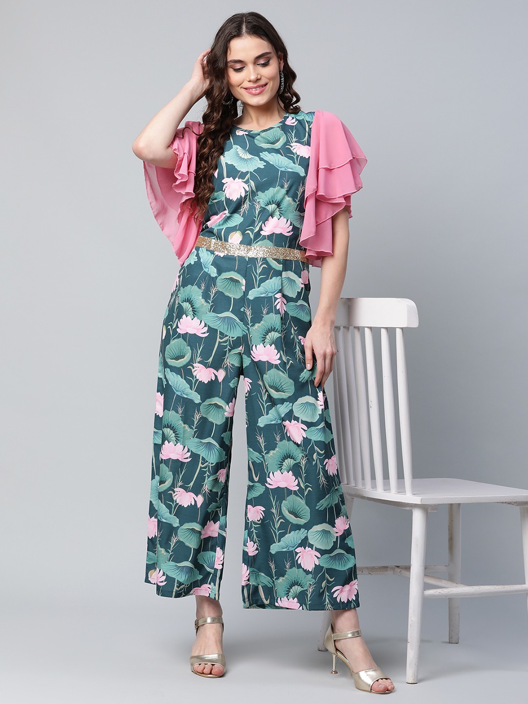 

Ahalyaa Green & Pink Printed Basic Crepe Jumpsuit