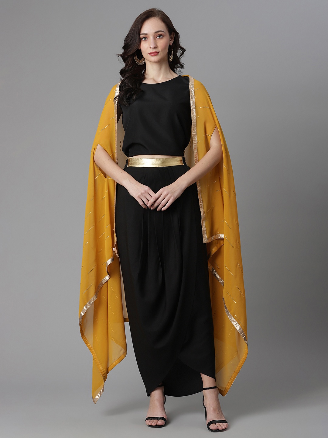 

Ahalyaa Women Women Black & Mustard Yellow Top with Skirt