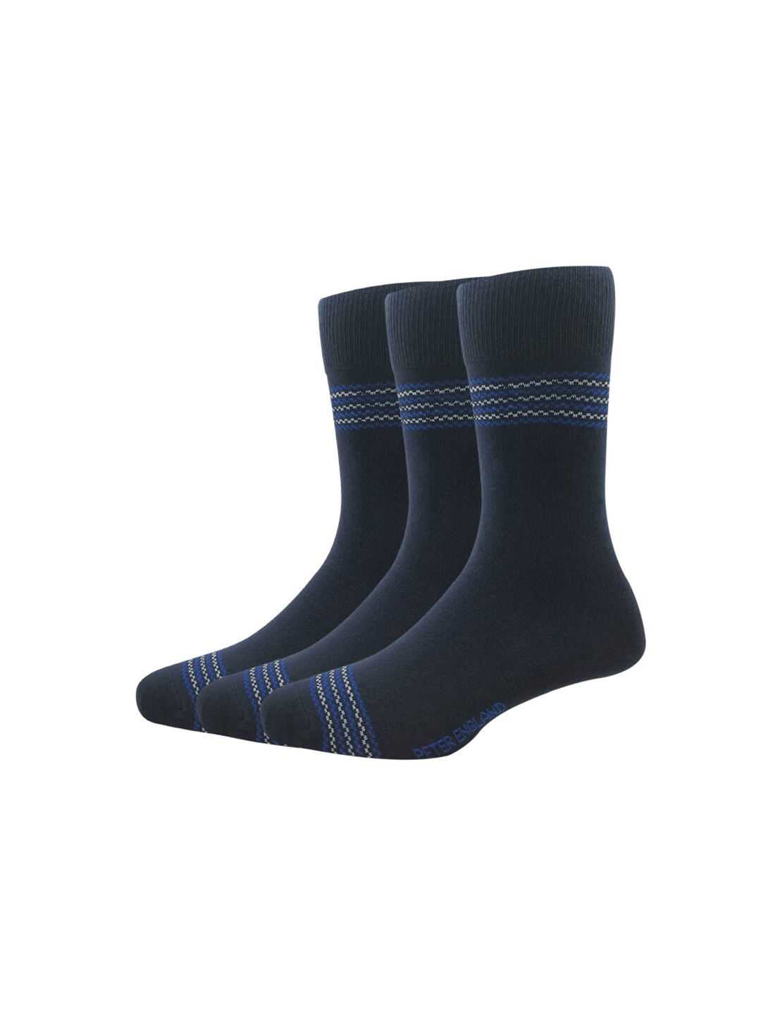 

Peter England Men Navy Pack Of 3 Navy Blue Striped Calf-Length Socks