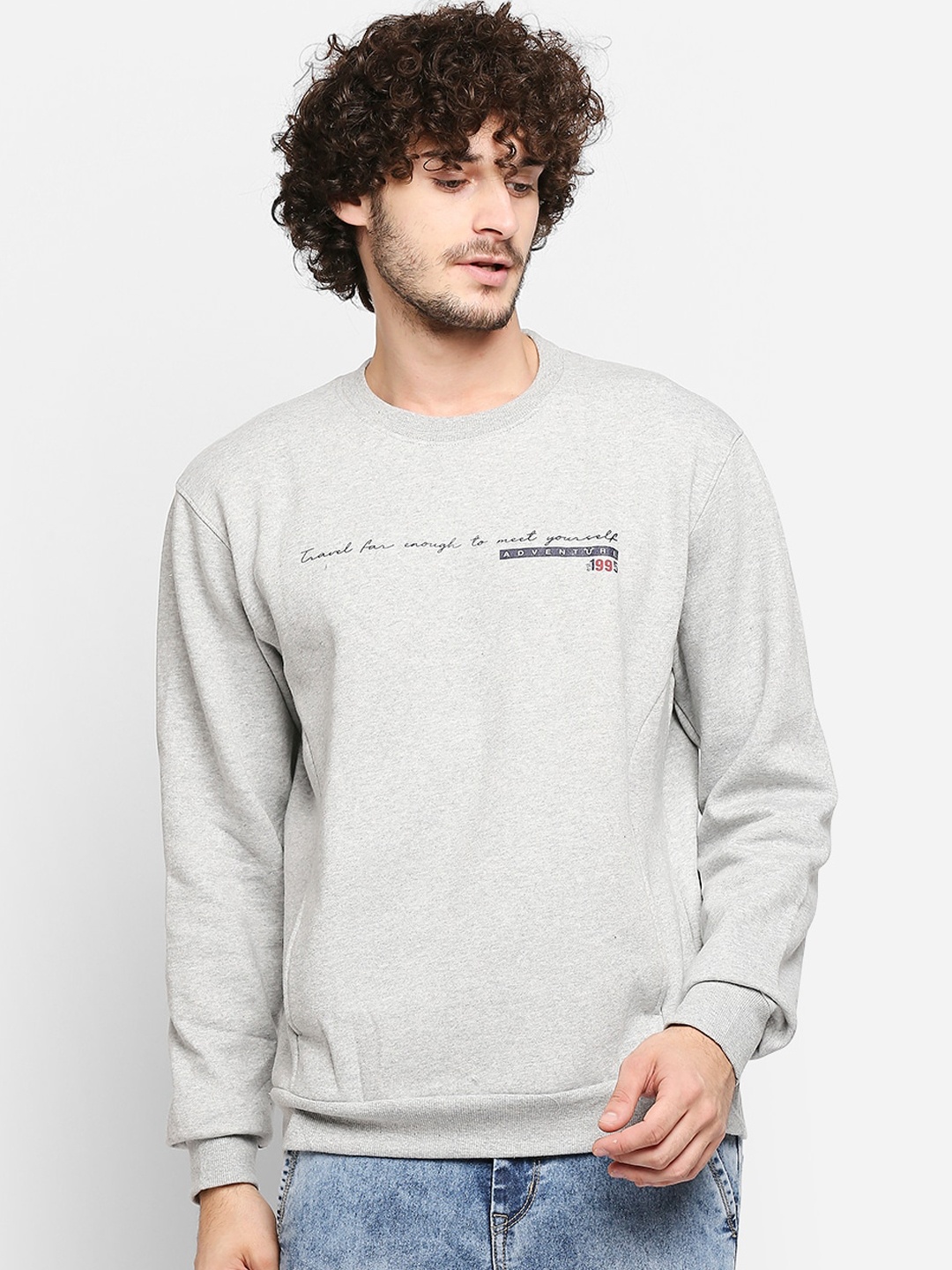 

Zeel Men Grey Melange Typography Printed Fleece Sweatshirt
